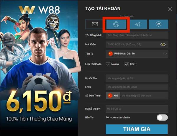 Hướng dẫn đăng ký tài khoản W88 bằng Gmail 2